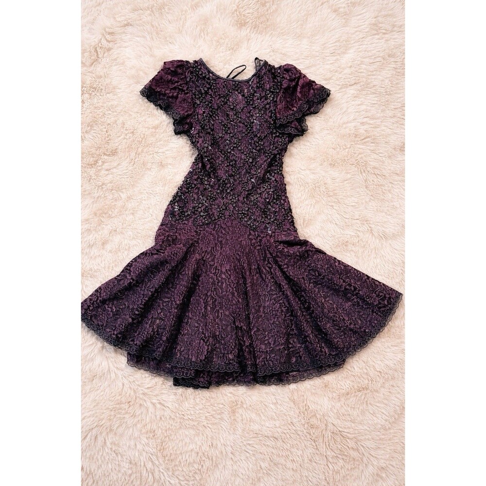 Vintage 80s Lace Sequin Party Dress Sweet Young HW USA Gothic Fit Flare 12